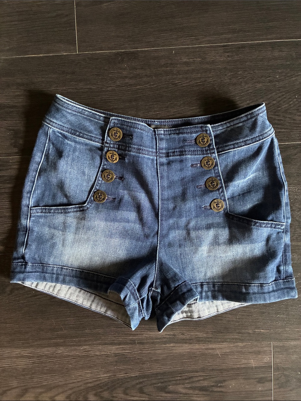 High-Rise Sailor-Button Denim Shorts - Blue